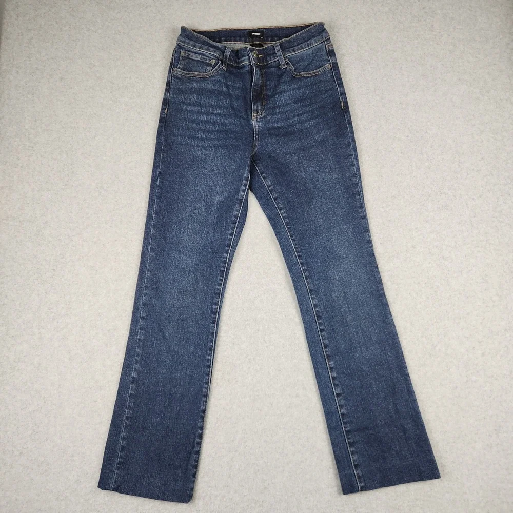 Express Jeans Womens 8 Dark Blue Straight Leg Mid Rise Stretch Altered Hem 26x28